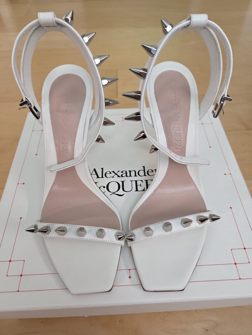 Alexander McQueen White Leather Spike Ankle-Strap Heels Size 39